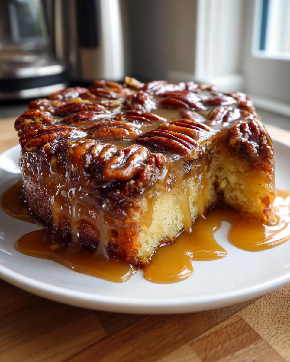 A close-up of a slice of caramel pecan upside down cake with rich caramel sauce dripping onto a white plate.