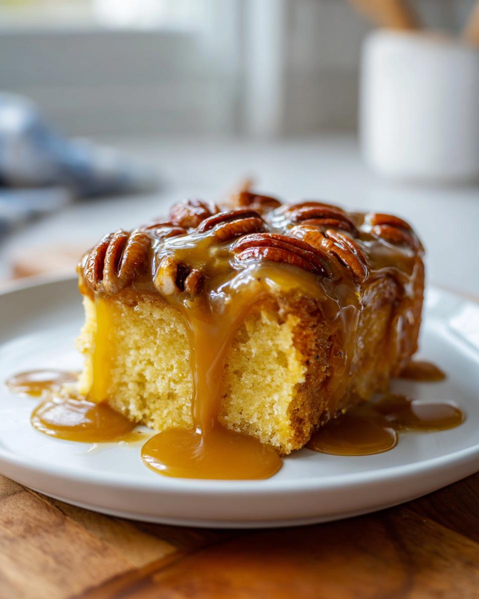 Close-up of a slice of caramel pecan upside down cake generously drizzled with rich caramel sauce.