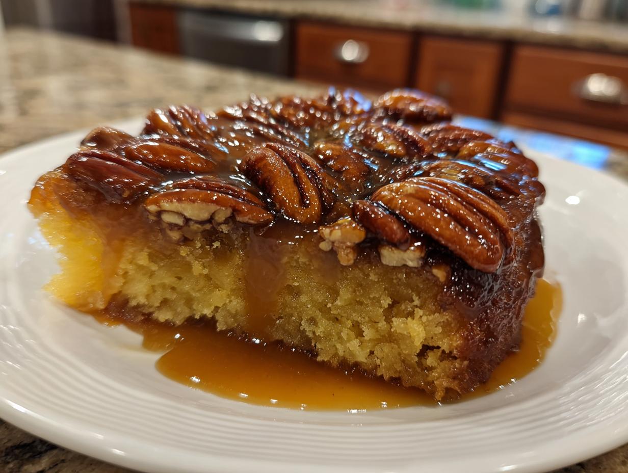 Close-up of a moist slice of caramel pecan upside down cake dripping with sticky caramel sauce.