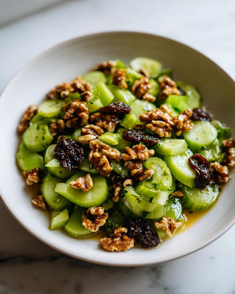 Close-up of a vibrant celery salad with walnuts and dates, glistening with dressing.
