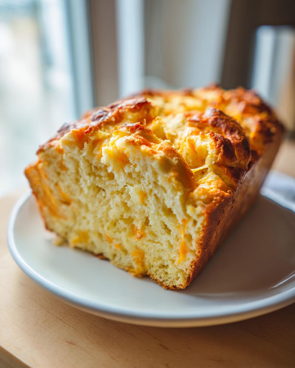 A golden-brown loaf of homemade cheese beer bread, sliced open to show the fluffy interior with melted cheese.