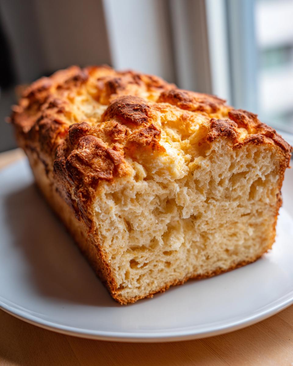 A golden-brown loaf of freshly baked cheese beer bread sliced open, showing a soft interior.