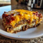 A thick slice of meatloaf casserole featuring layers of ground meat, mashed potatoes, and a melted cheddar cheese topping.
