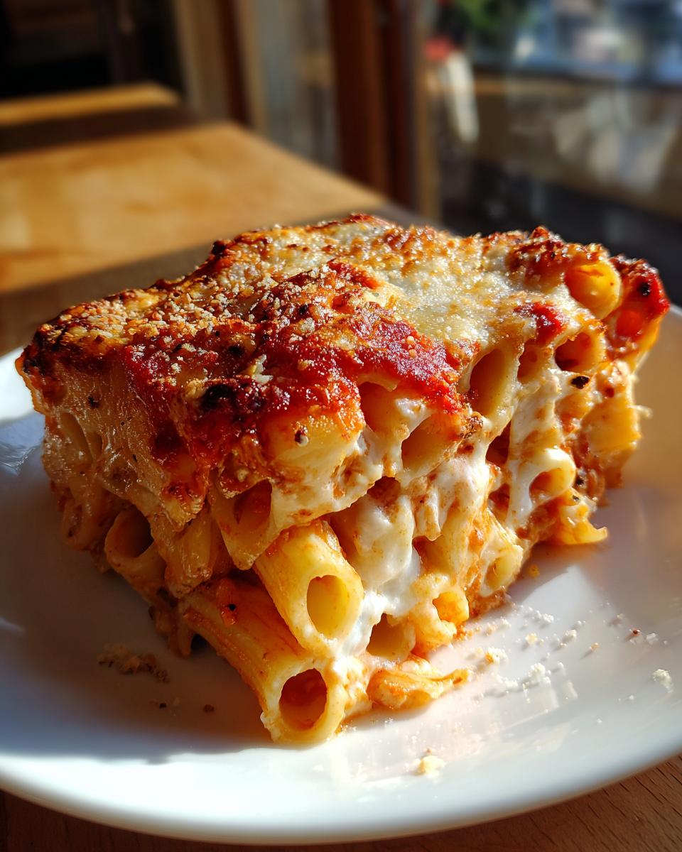 A thick, cheesy slice of crockpot baked ziti with melted mozzarella and tomato sauce on a white plate.