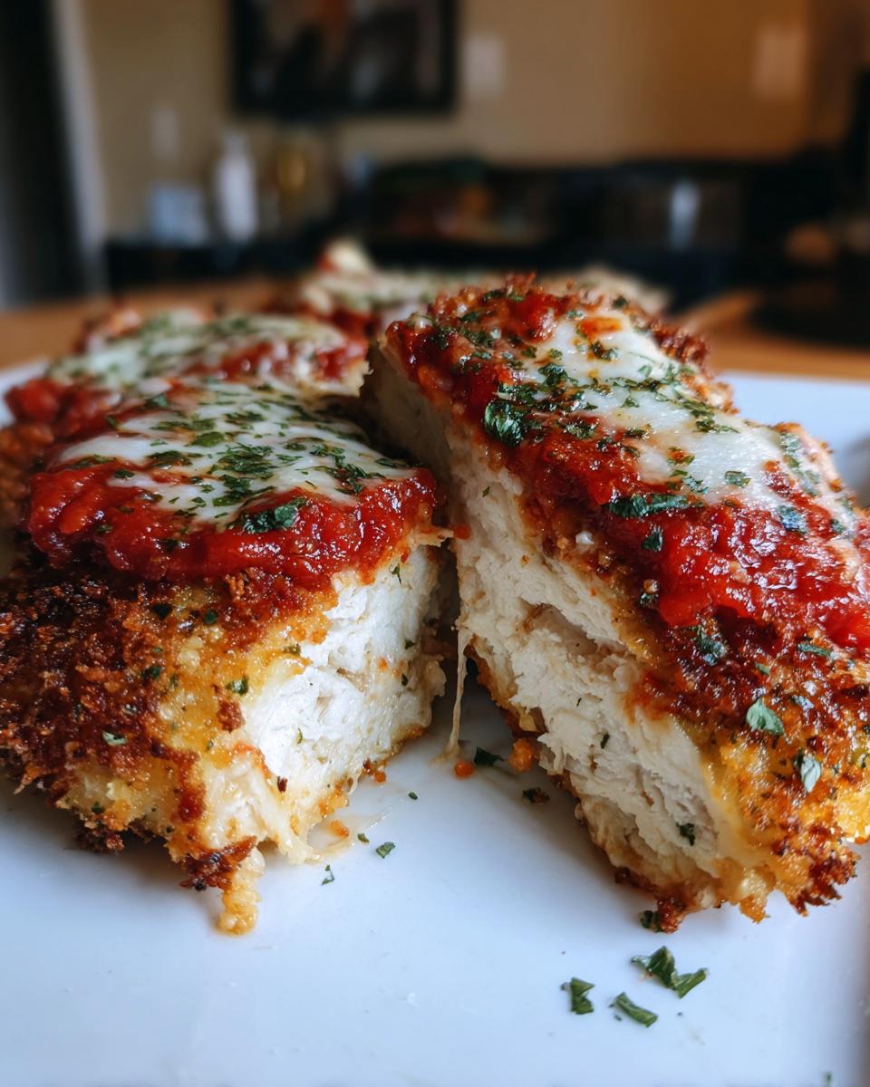 Close-up of air fryer chicken parmesan recipe cut in half, showing juicy interior, crispy breading, marinara, and melted cheese.