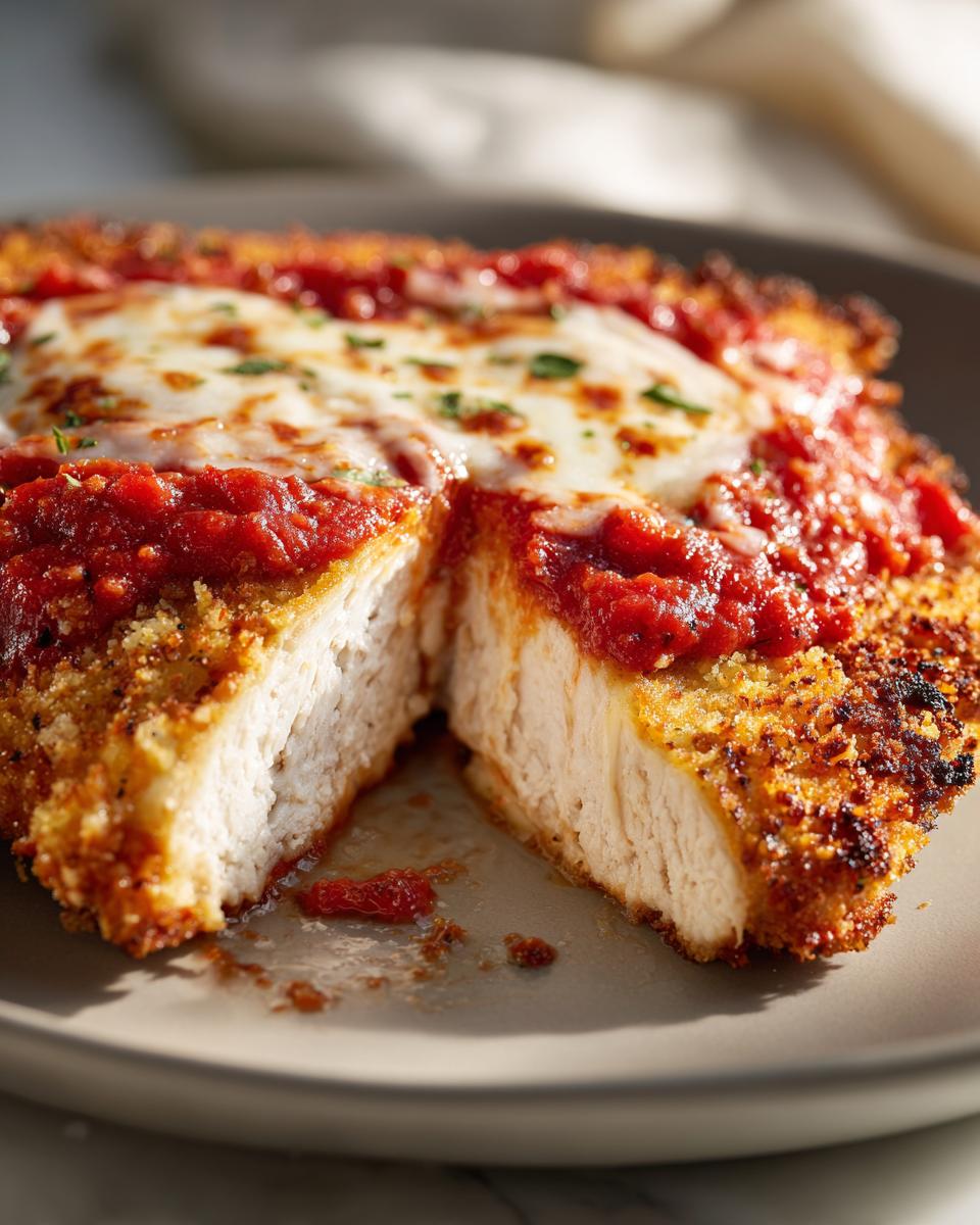Close-up of a perfectly cooked chicken parmesan recipe air fryer oven cut in half, showing juicy white meat.