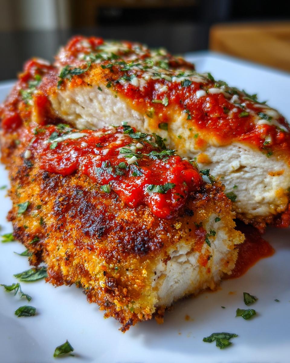 Close-up of a perfectly cooked chicken parmesan recipe air fryer oven cut in half, showing juicy white meat and crispy breading.