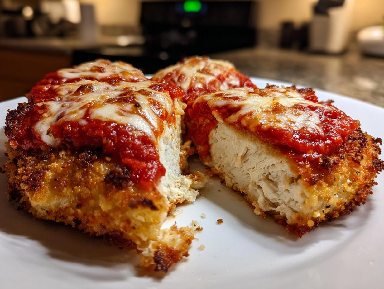 Cross-section view of crispy, breaded chicken parmesan recipe air fryer oven, topped with melted mozzarella and marinara sauce.