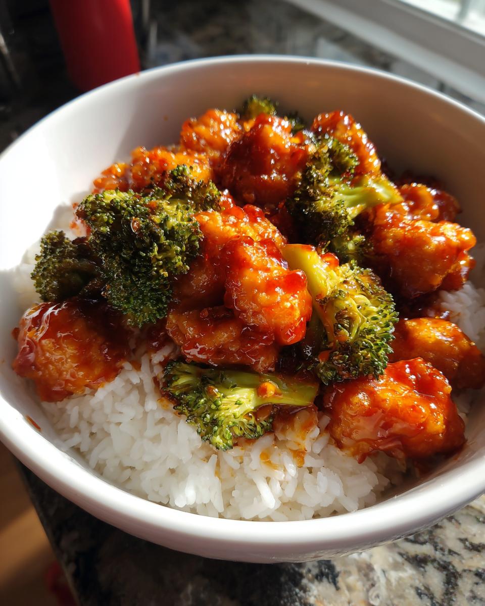 A close-up of a white bowl filled with white rice topped with saucy orange chicken pieces and bright green broccoli, a perfect chicken rice bowl.