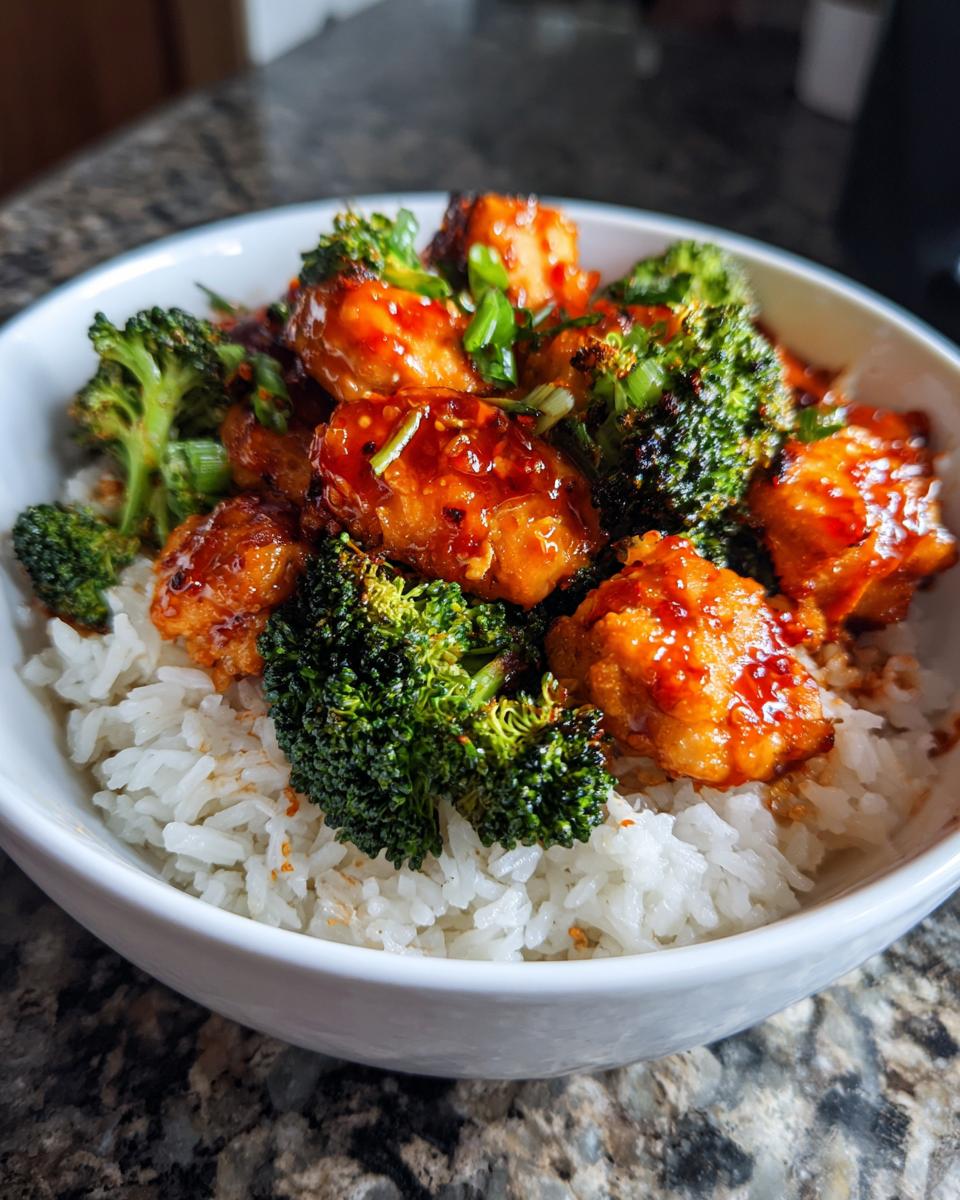 Close-up of a homemade chicken rice bowl featuring glazed chicken pieces, bright green broccoli, and white rice.