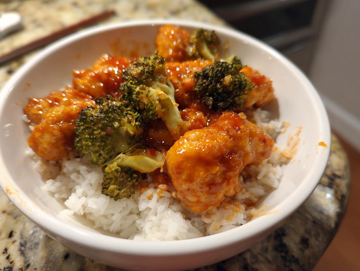 Close-up of a homemade chicken rice bowl featuring crispy chicken coated in orange sauce and steamed broccoli over white rice.
