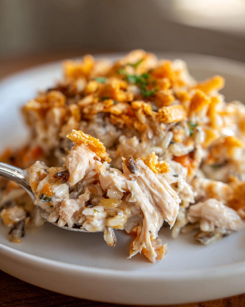 A spoonful of creamy chicken wild rice casserole Paula Deen recipe, topped with crispy fried onions.