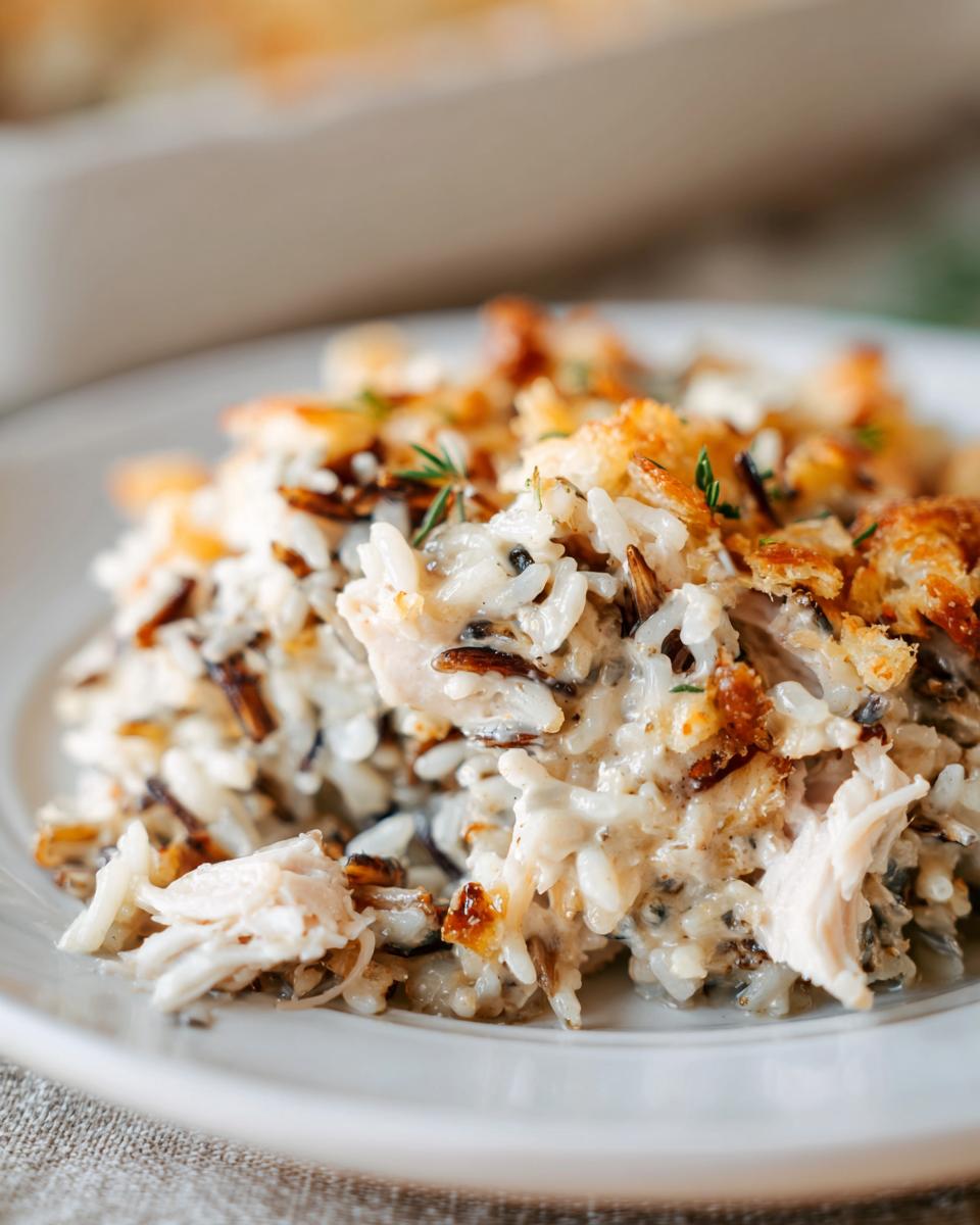 A close-up of a creamy serving of chicken wild rice casserole Paula Deen recipe, topped with crispy breadcrumbs.