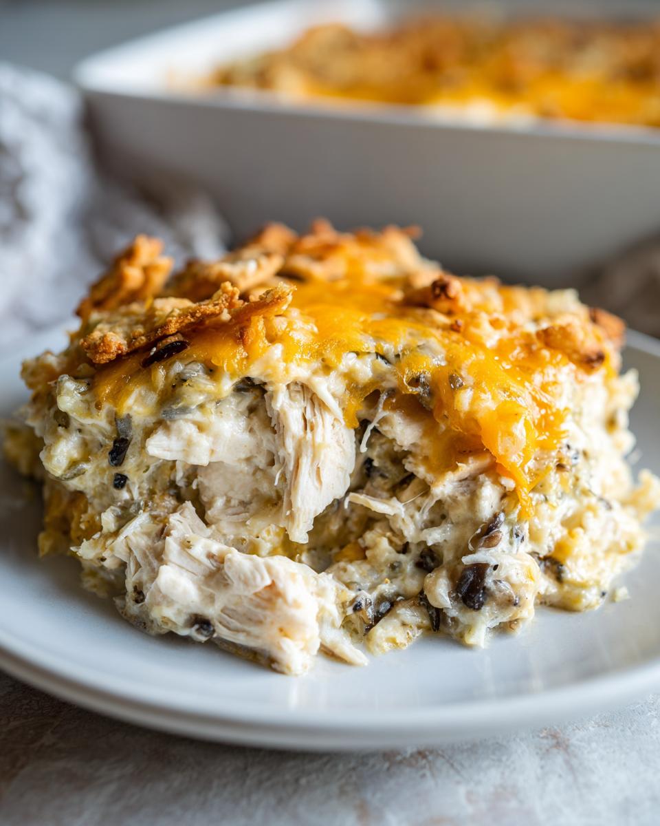 A close-up of a creamy serving of chicken wild rice casserole Paula Deen topped with melted cheddar cheese and a crunchy topping.