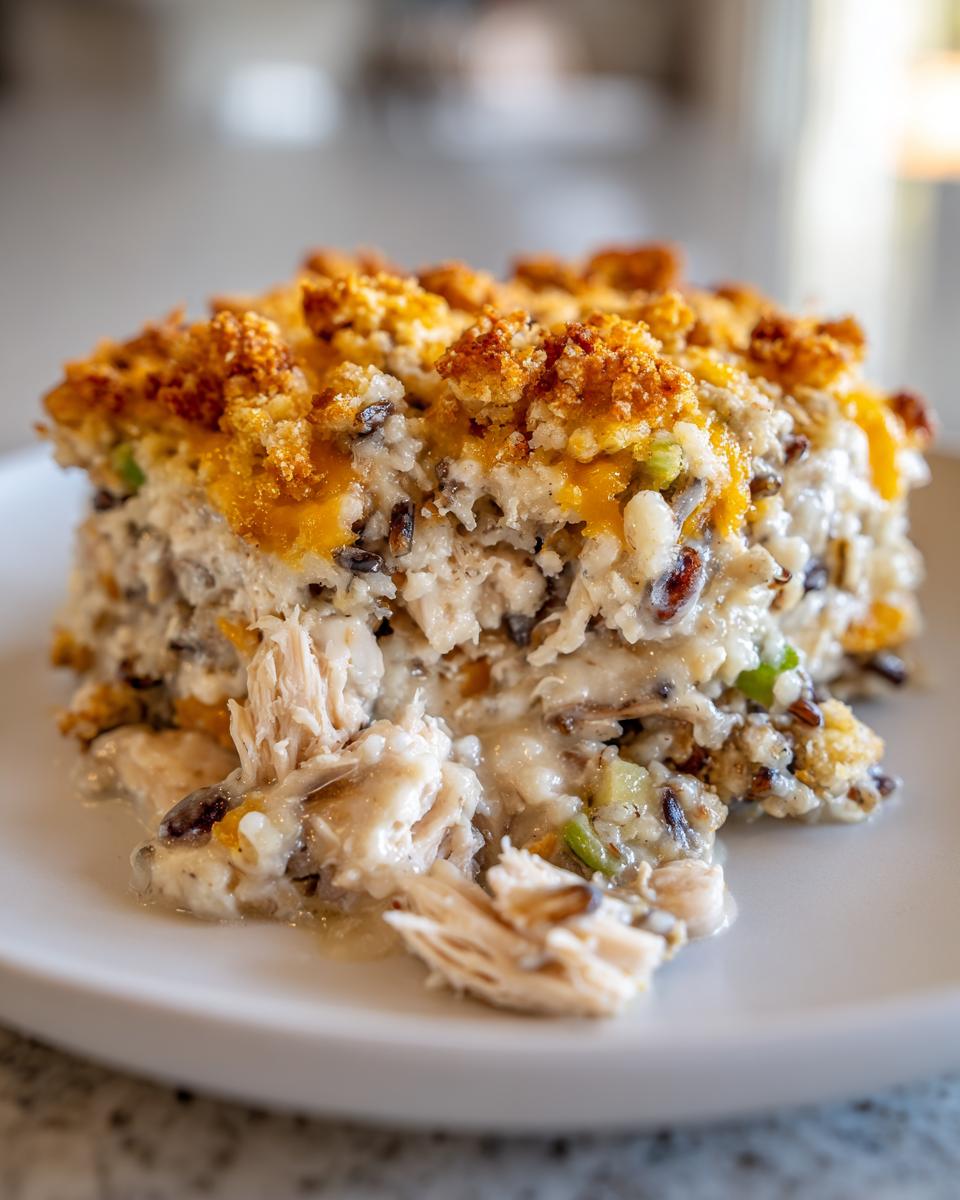 Close-up of a creamy slice of chicken wild rice casserole Paula Deen recipe with a golden, crunchy topping.