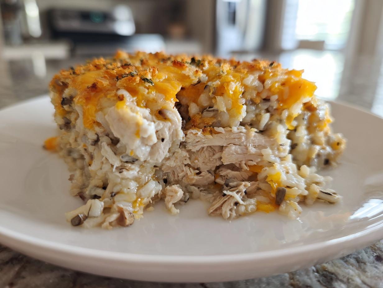 A generous slice of creamy chicken wild rice casserole topped with melted cheddar cheese on a white plate.