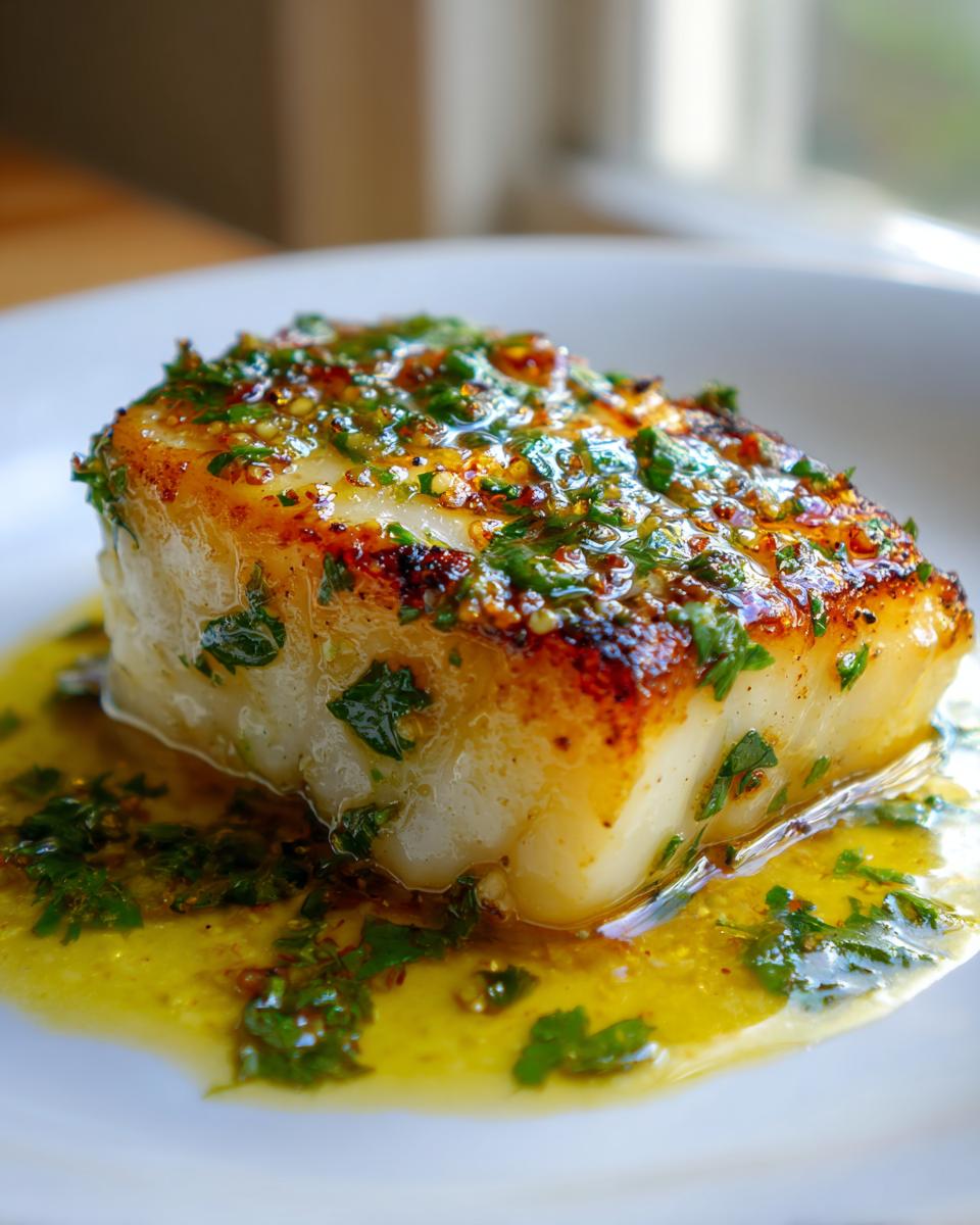 Close-up of a thick, pan-seared Chilean sea bass recipe fillet topped with a bright herb and butter sauce.