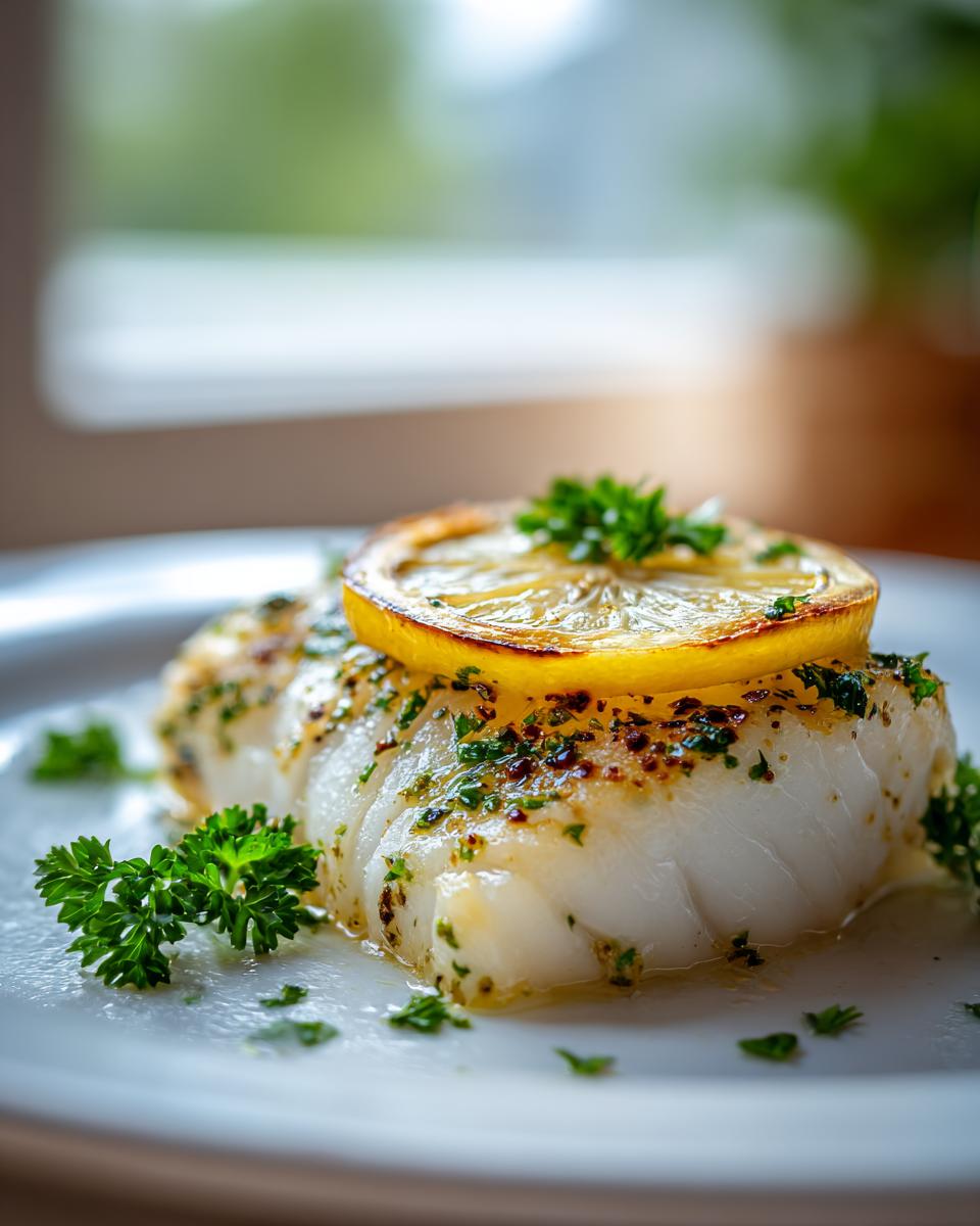 A close-up of a flaky, white chilean sea bass recipe oven baked fillet topped with a lemon slice and parsley.