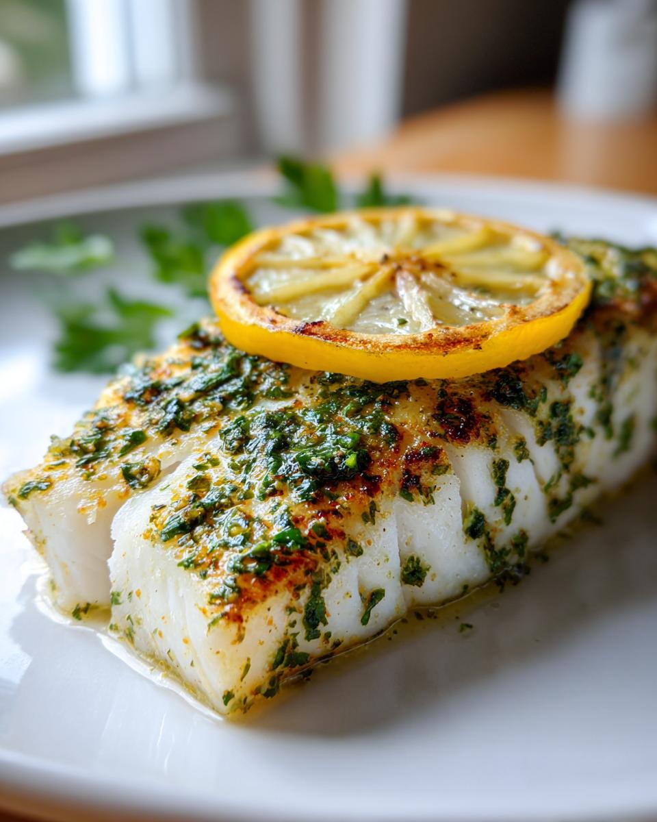 Close-up of a perfectly cooked chilean sea bass recipe oven baked, topped with herbs and a lemon slice.