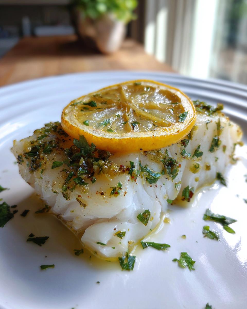 Close-up of a perfectly cooked piece of Chilean sea bass recipe oven baked, topped with herbs and a lemon slice.