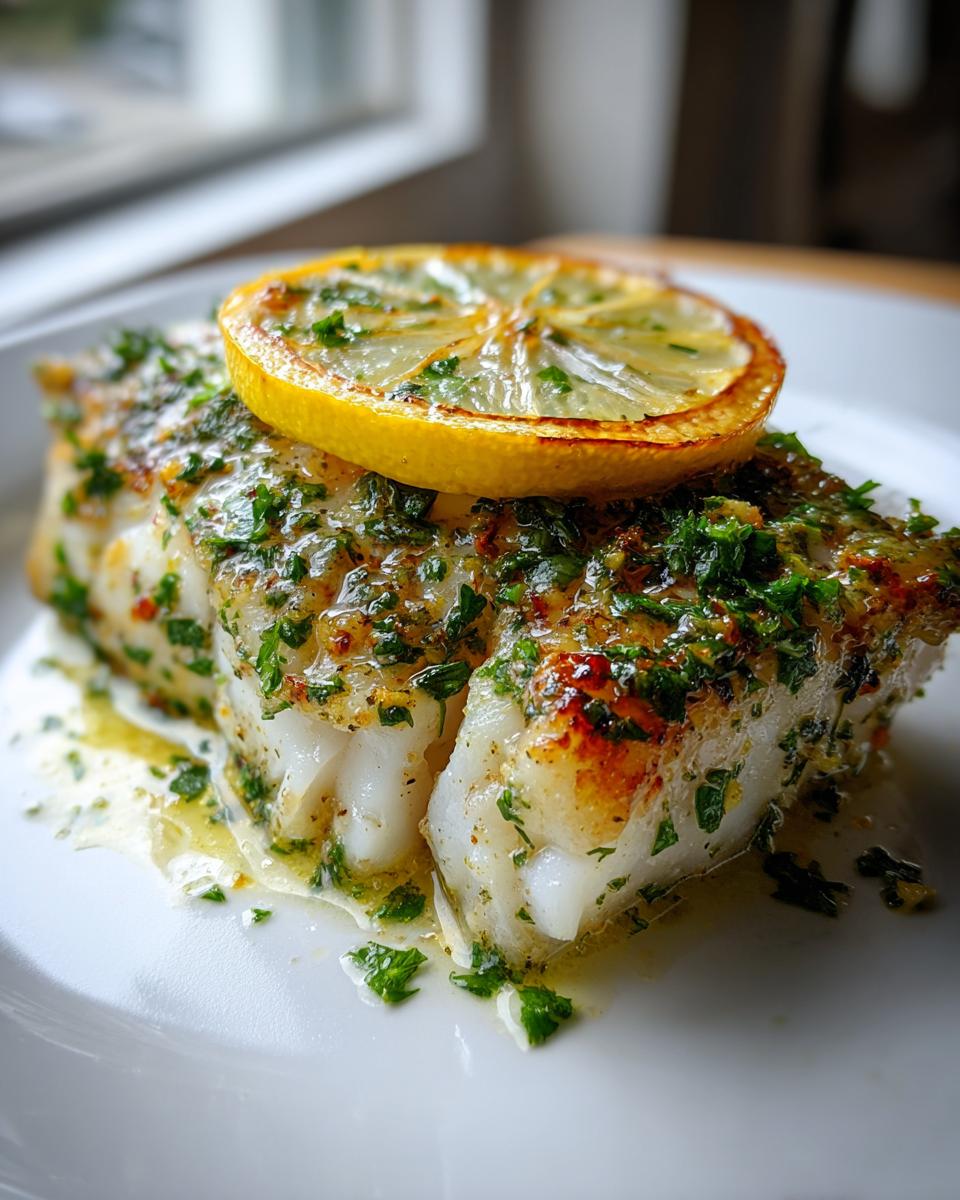 Close-up of flaky, white chilean sea bass recipe oven baked, topped with herb butter sauce and a lemon slice.