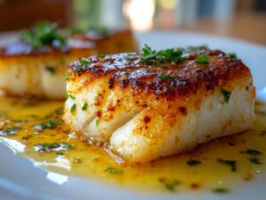 Close-up of perfectly pan seared chilean sea bass recipe fillet with a golden-brown crust, resting in lemon butter sauce.