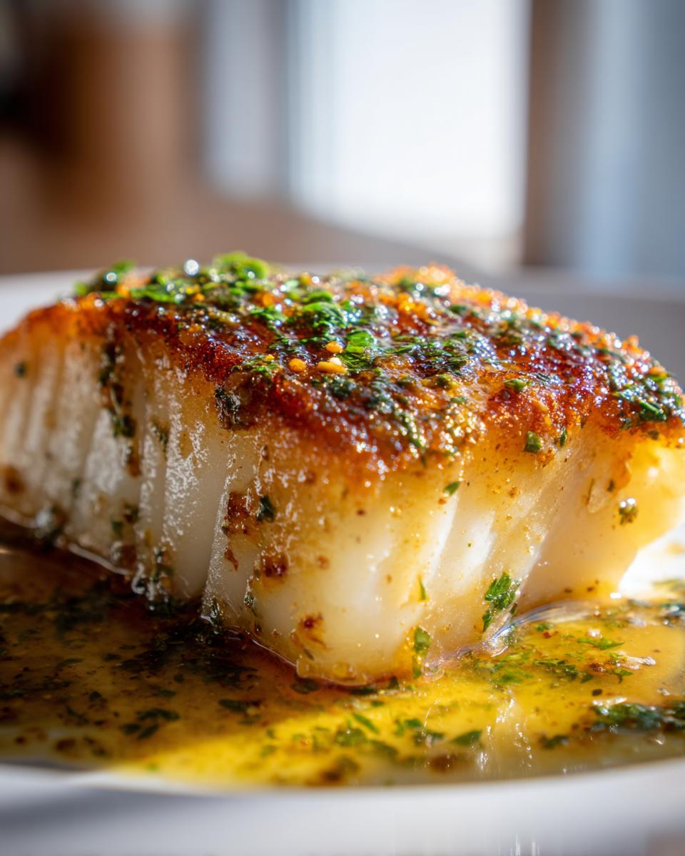 Close-up of a thick, flaky piece of chilean sea bass recipe pan seared with a golden crust and herbs.