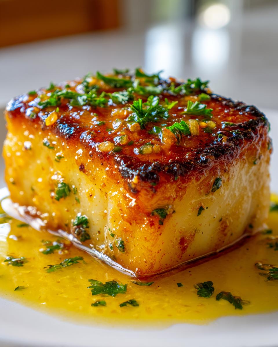 Close-up of a thick, perfectly seared Chilean sea bass fillet topped with herbs and sitting in a pool of bright yellow sauce.