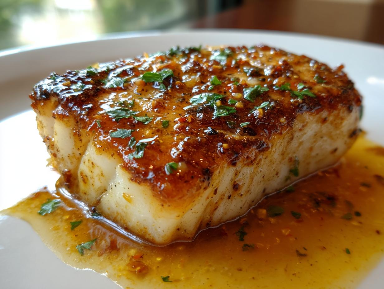 Close-up of a thick, perfectly seared fillet of Chilean sea bass resting in a savory glaze and topped with parsley.