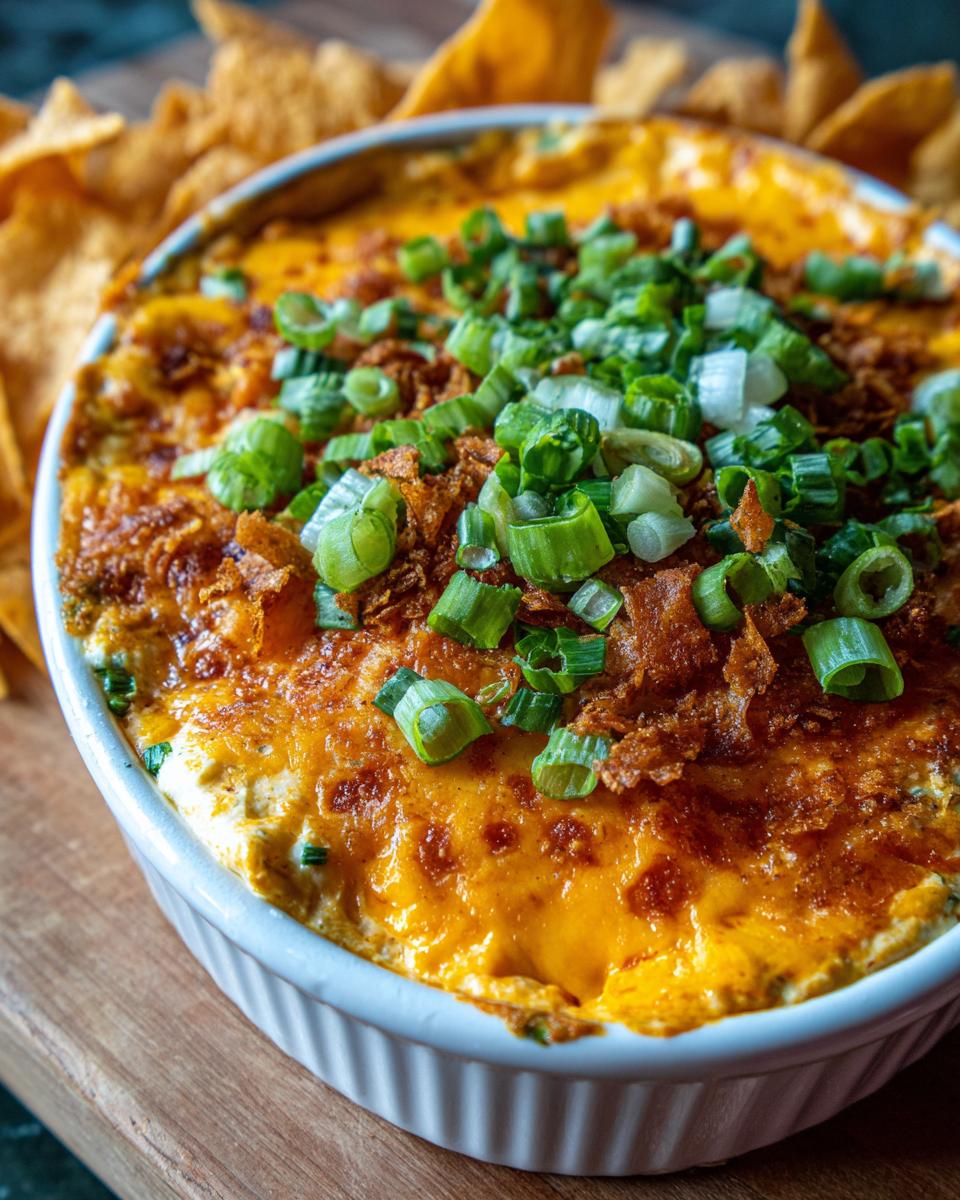 Close-up of a hot, baked chili cream cheese dip topped with melted cheddar and fresh green onions, served with tortilla chips.