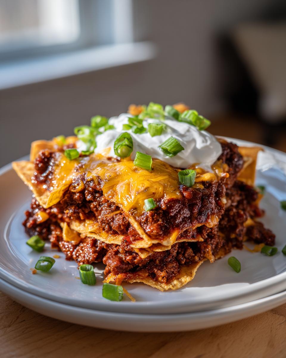 A layered serving of amazing chili frito pie topped with melted cheese, sour cream, and green onions.