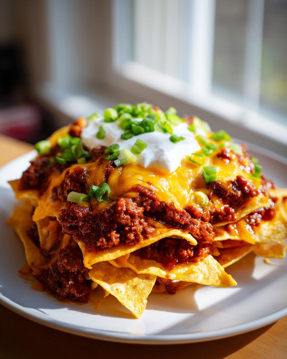 A serving of chili frito pie piled high with savory chili, melted cheddar cheese, sour cream, and green onions.