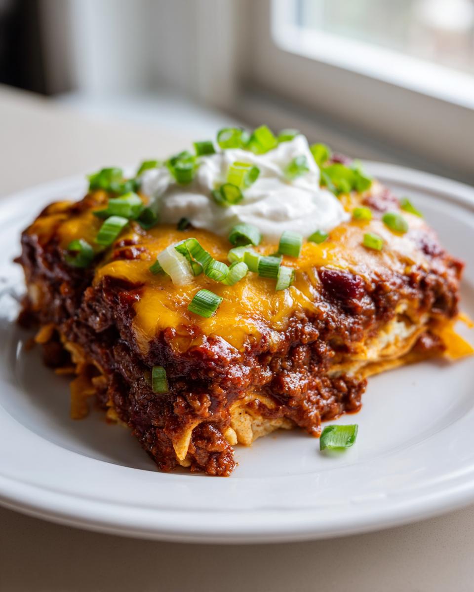 A generous serving of chili frito pie topped with melted cheddar cheese, sour cream, and green onions.