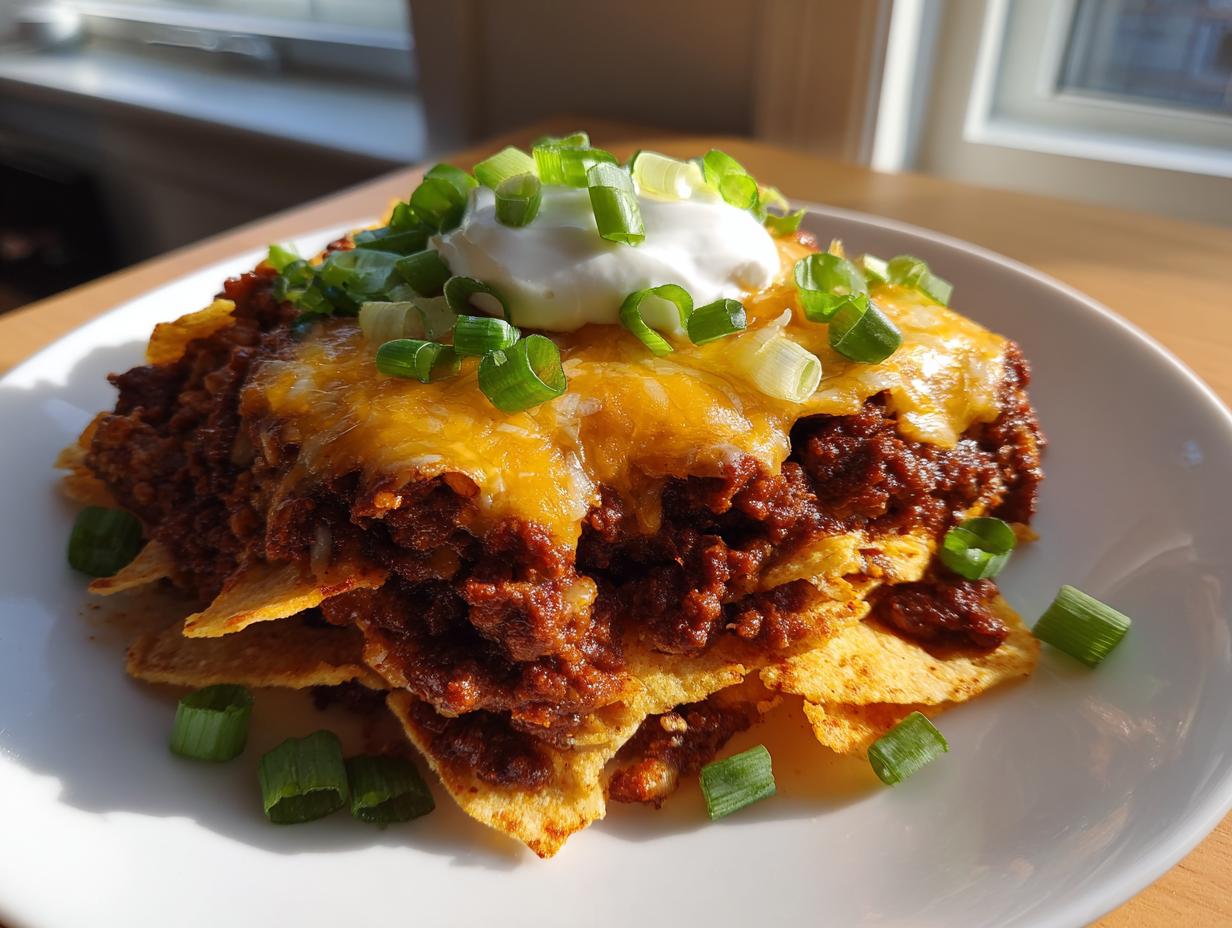 A serving of chili frito pie layered with chili, melted cheese, sour cream, and green onions.
