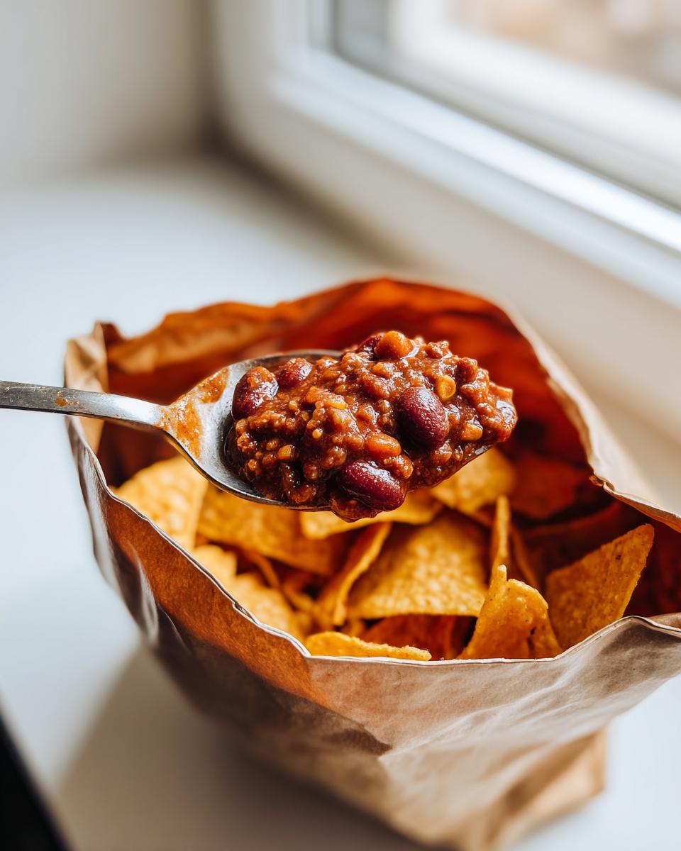 A spoonful of hearty chili being added to Fritos chips in a brown paper bag for a frito pie bar.