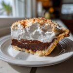 A tall slice of chocolate coconut pecan cream pie with whipped topping and toasted coconut.
