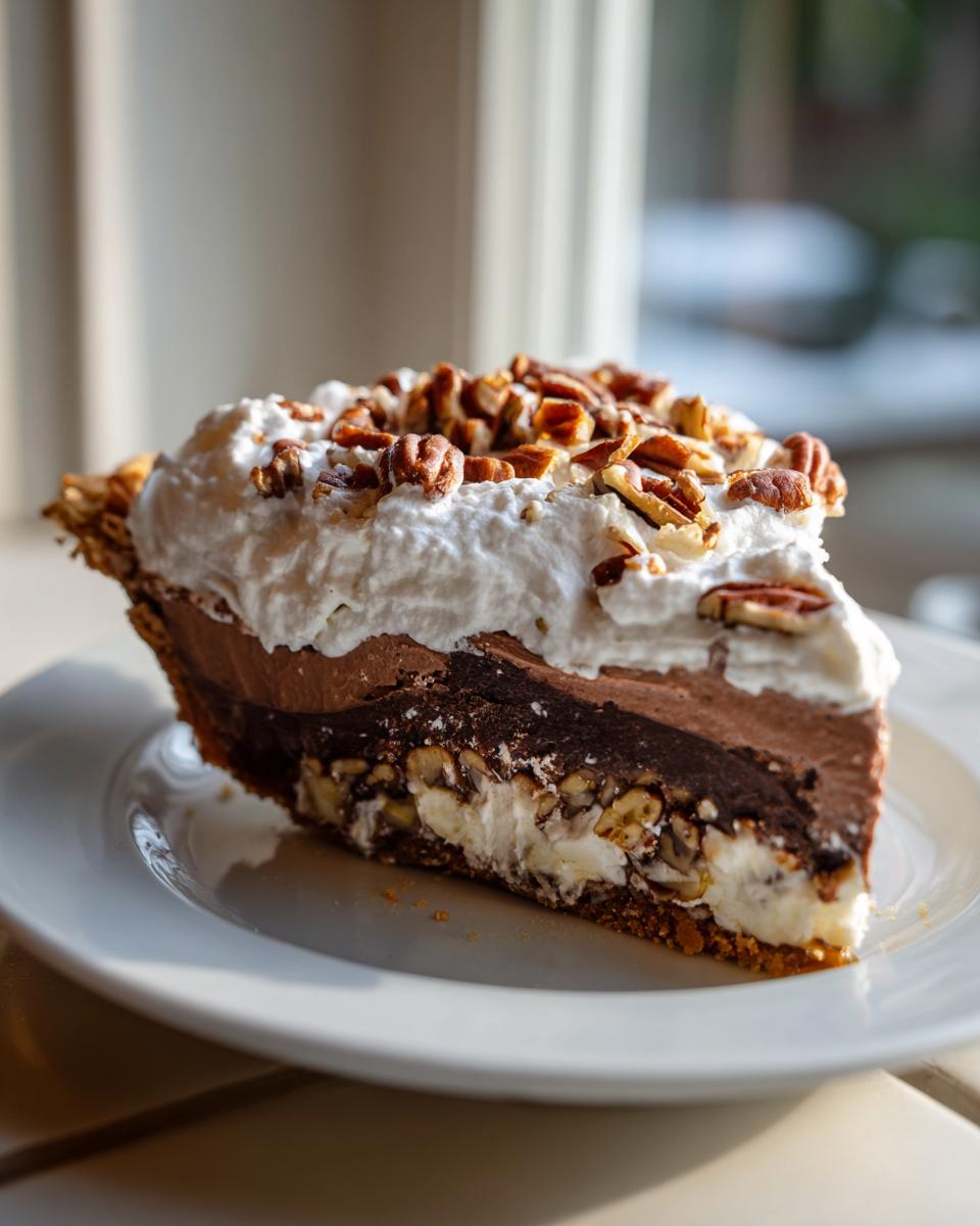 A decadent slice of chocolate coconut pecan cream pie topped with whipped cream and chopped pecans.