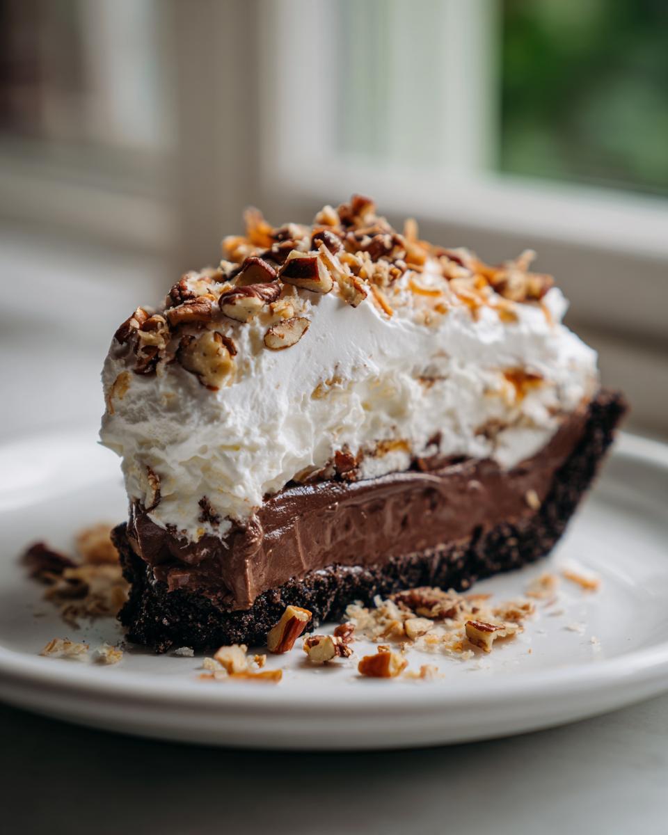 A tall slice of chocolate coconut pecan cream pie with a dark crust, chocolate filling, and whipped topping.
