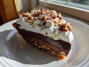 A perfect slice of chocolate coconut pecan cream pie with whipped cream and nuts on a white plate.