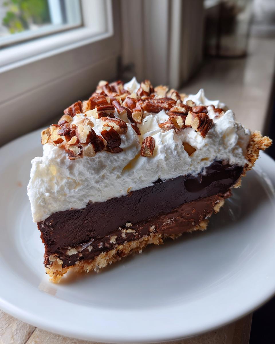 A generous slice of chocolate coconut pecan cream pie topped with whipped cream and chopped pecans.