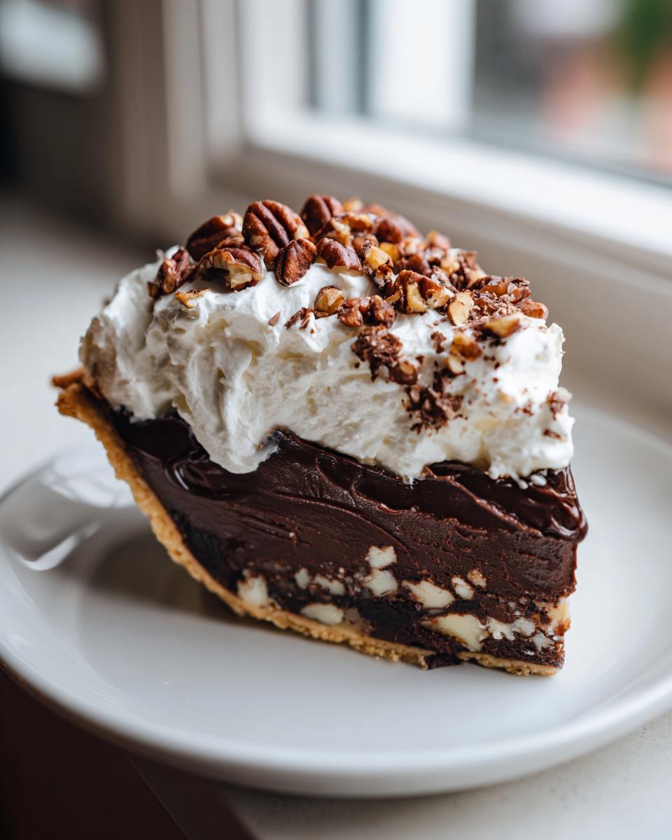 A decadent slice of chocolate coconut pecan cream pie topped with whipped cream and pecans.