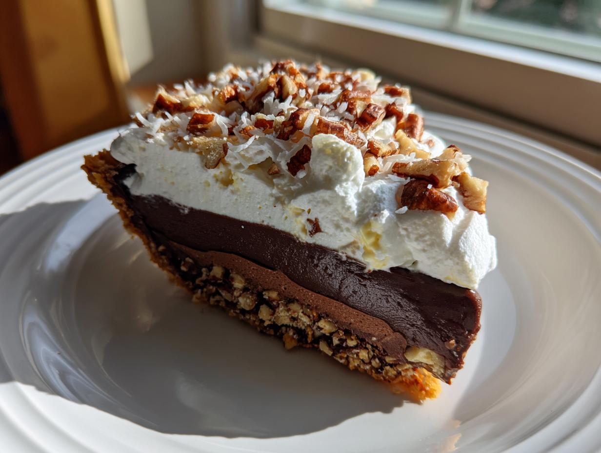 A perfect slice of chocolate coconut pecan cream pie with whipped cream and nuts on a white plate.