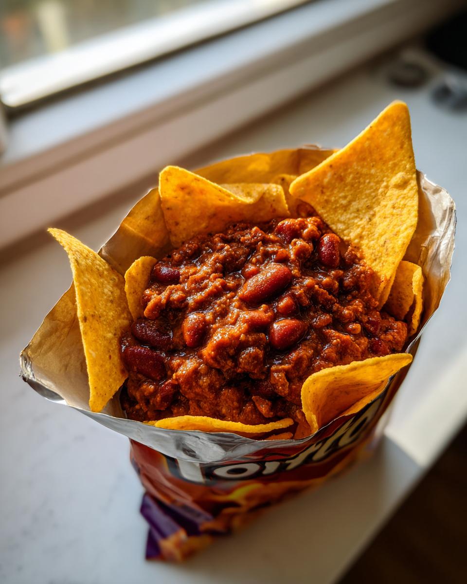 A single serving of chili poured directly into an open bag of corn chips for a classic frito pie bar.