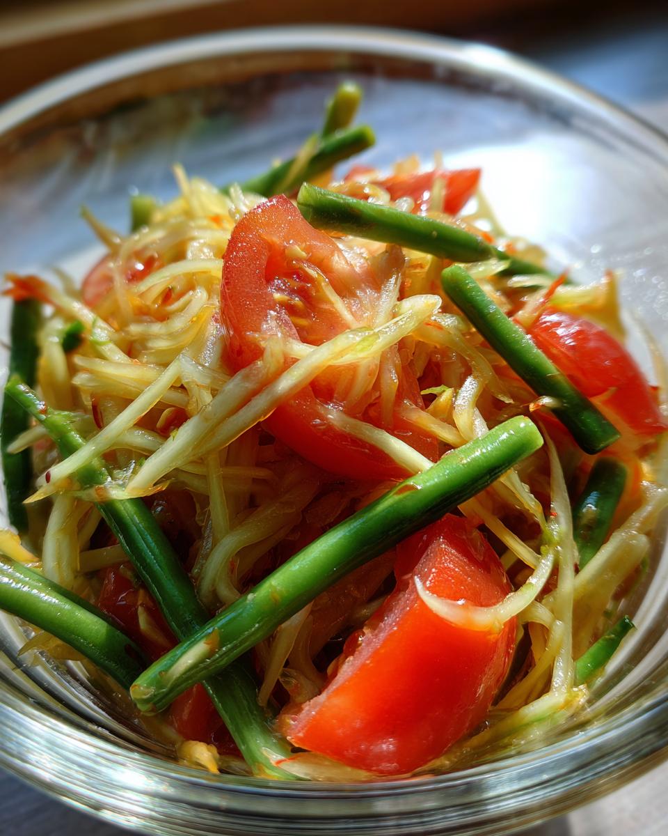 Close-up of vibrant green papaya salad featuring shredded papaya, bright red tomato wedges, and green beans in a clear glass bowl.