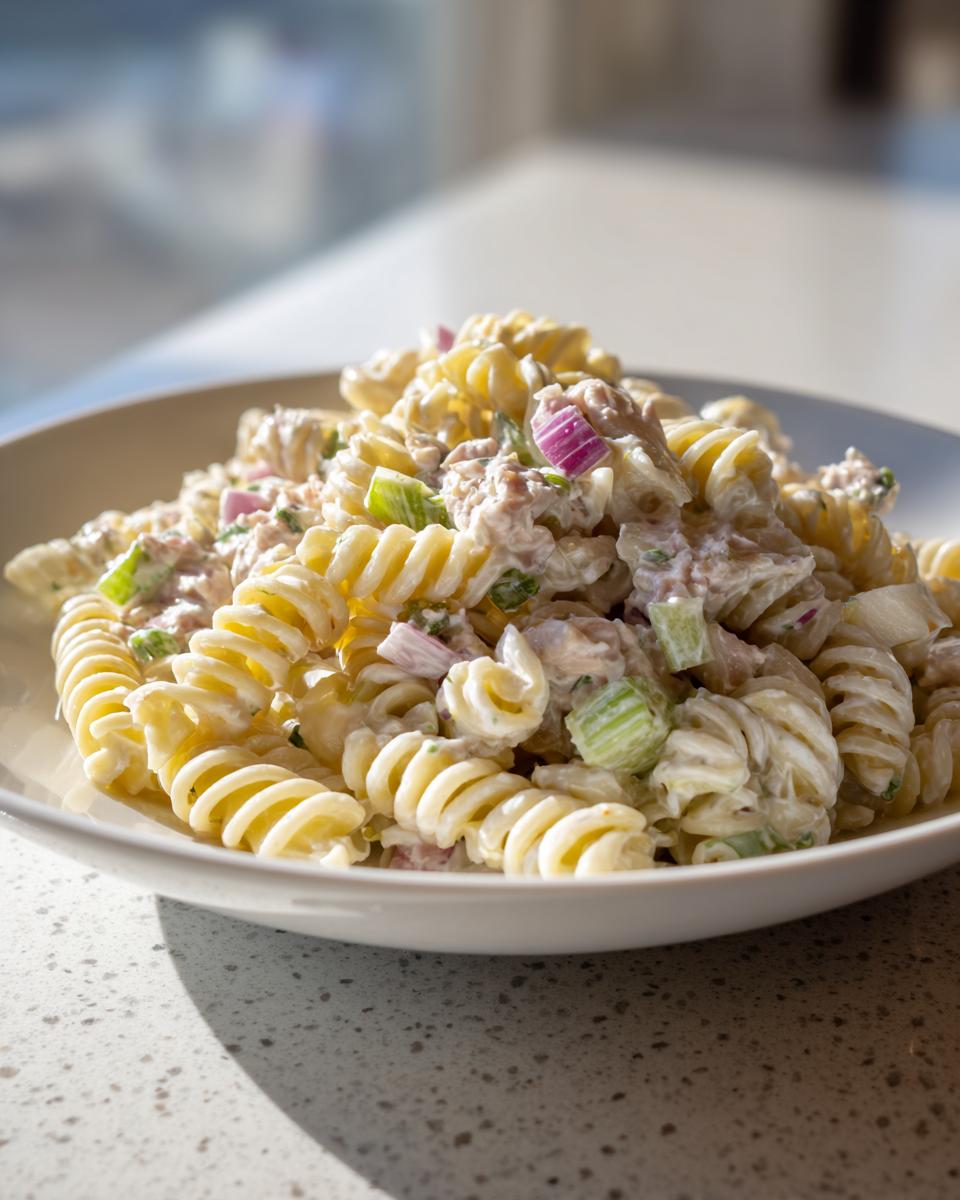 A close-up of a bowl filled with creamy cold tuna pasta salad featuring rotini pasta, red onion, and celery.