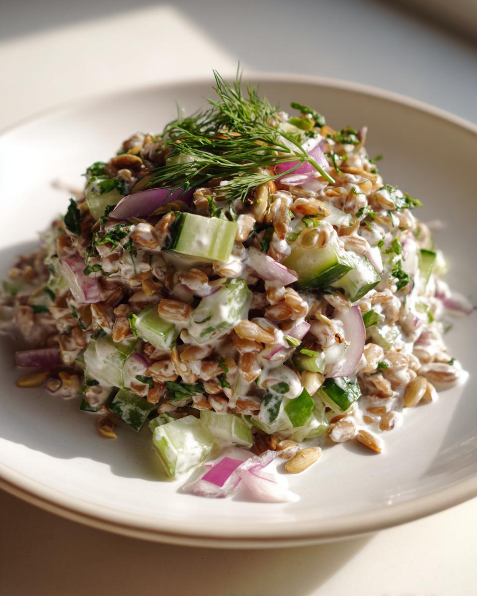 A mound of creamy costco grain and celery salad featuring whole grains, cucumber, red onion, and topped with fresh dill.