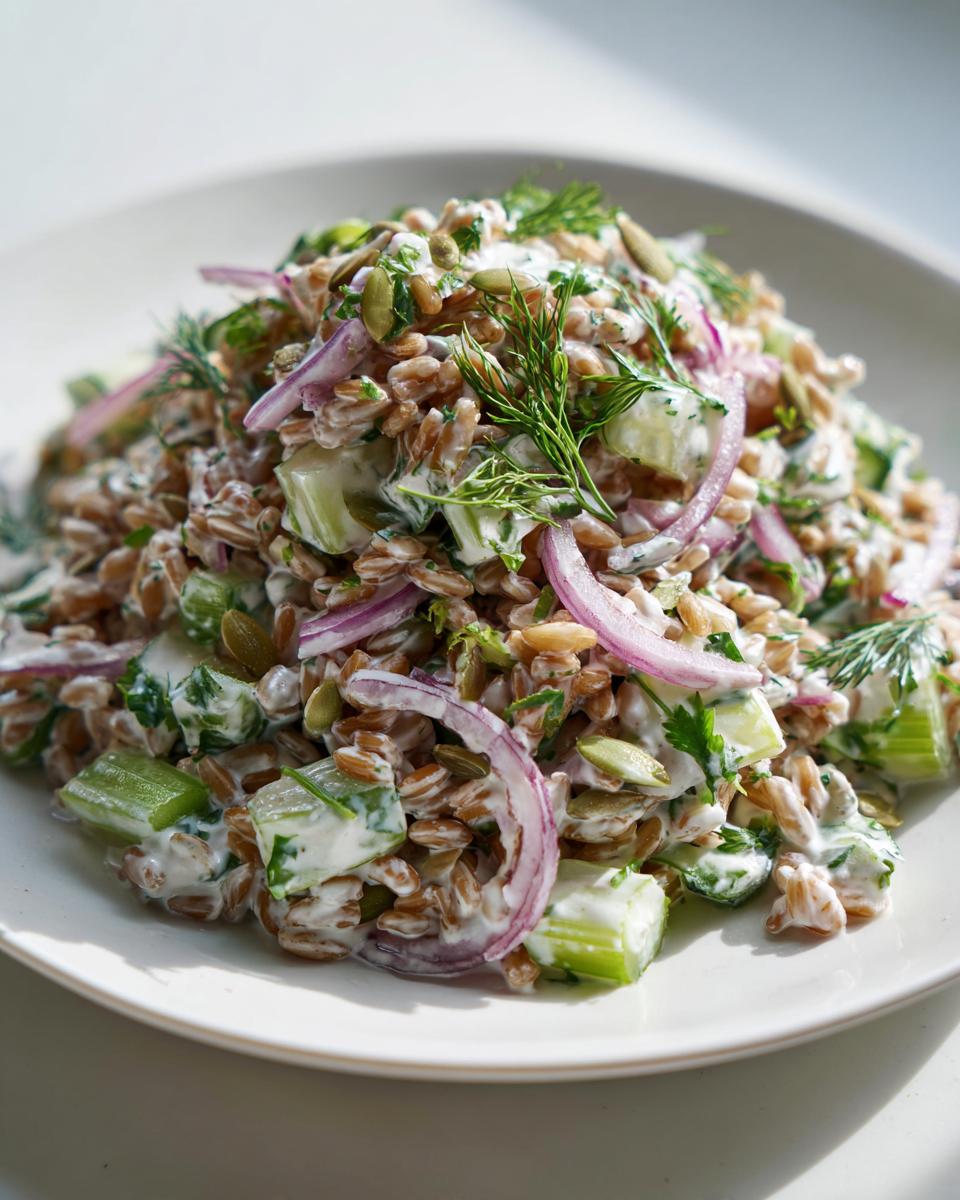 Close-up of creamy Costco grain and celery salad featuring whole grains, chopped celery, red onion slices, and dill.
