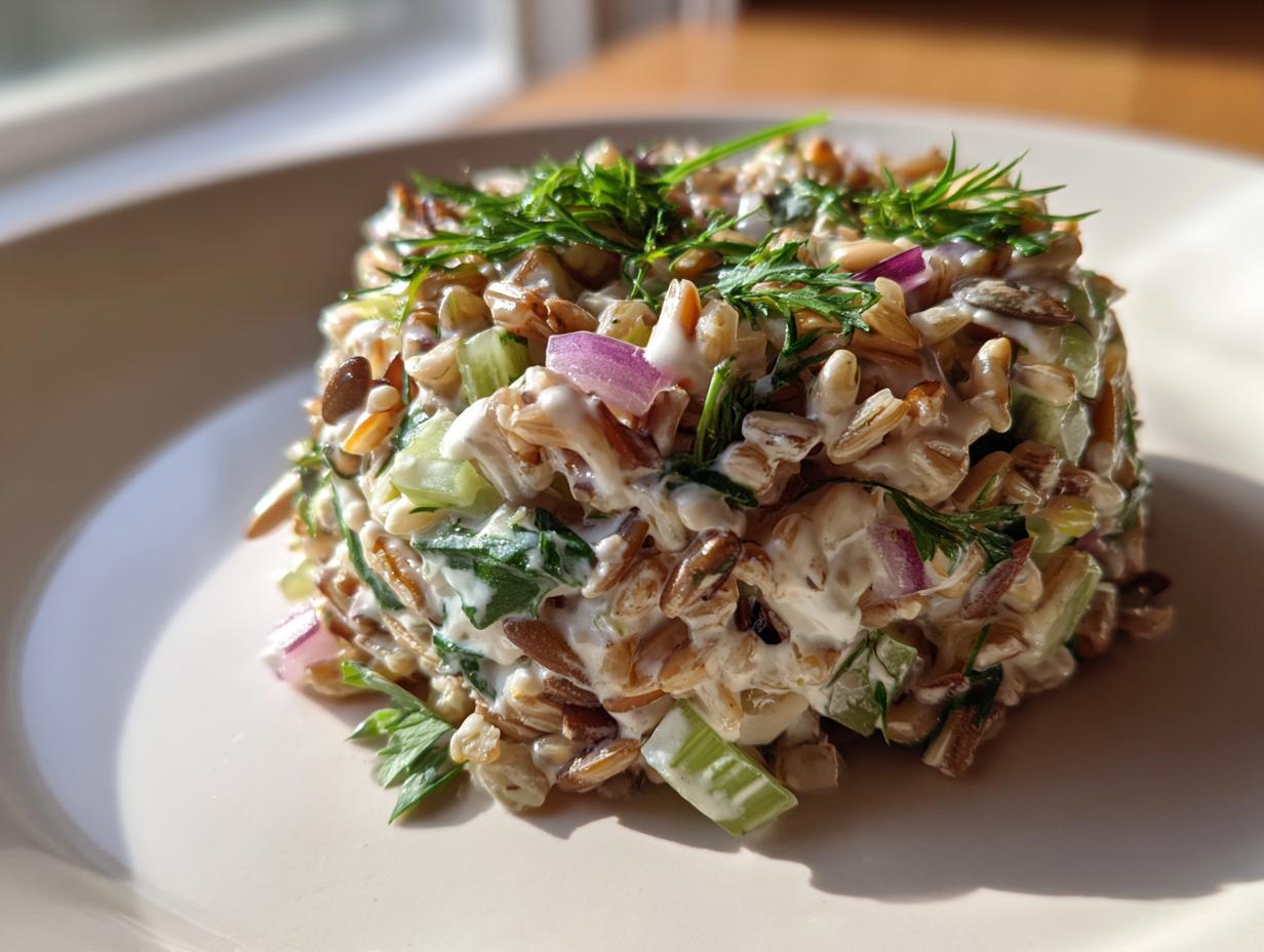 A molded serving of creamy costco grain and celery salad topped with fresh dill.
