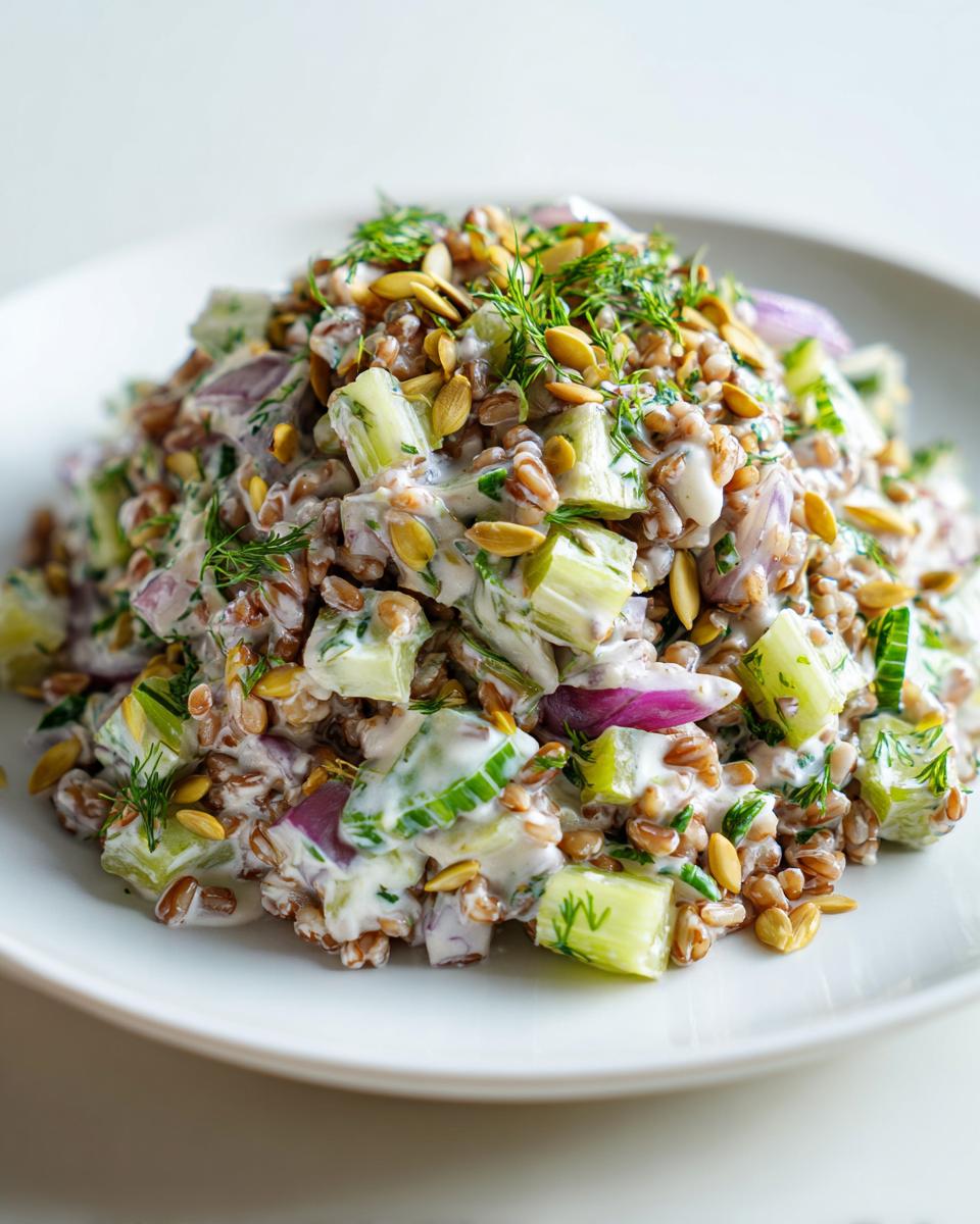A close-up serving of creamy costco grain and celery salad mixed with red onion, topped with pumpkin seeds and fresh dill.