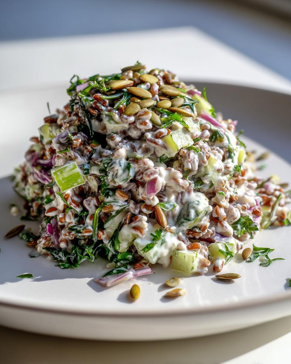 A mound of creamy costco grain and celery salad topped with pumpkin seeds on a white plate.